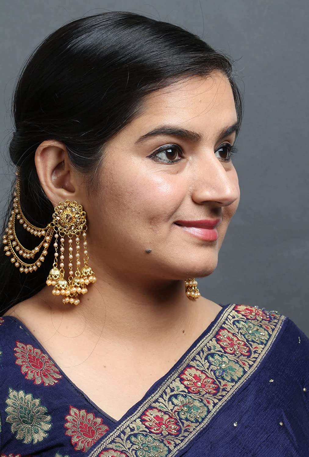 Bindhani Fashion Bollywood Jewellery Traditional Ethnic Bridal Bride Wedding Bridesmaid Gold Plated Kundan Pearl Drop Jhumka Jhumki Head chain Indian Bahubali Earrings Jewelry For Women - Image 4